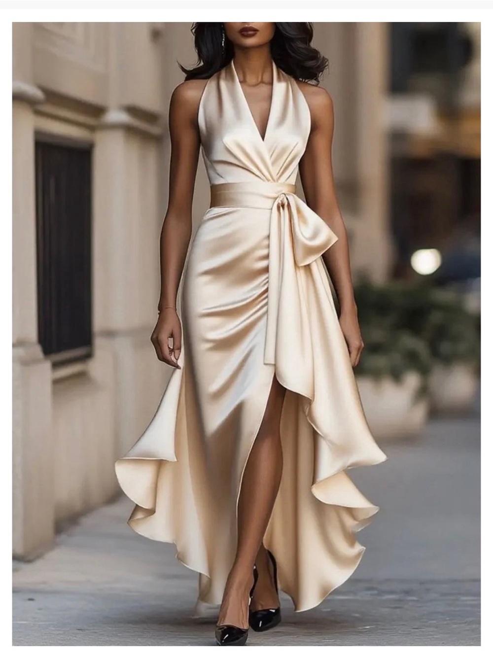 Satin Halter High-Low Evening Dress in Champagne
